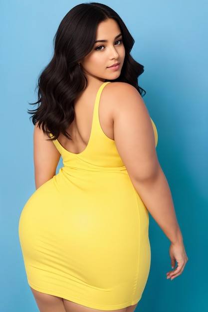 Mulher gorda com curva de beleza e tamanho em um mini vestido amarelo em um fundo azul Cabelo longo e escuro Designador criativo digital arte da moda