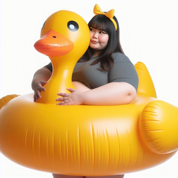 Mulher gorda com um grande pato inflável