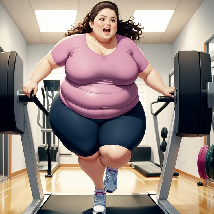 Foto mulher gorda correndo em uma esteira na academia generative ai