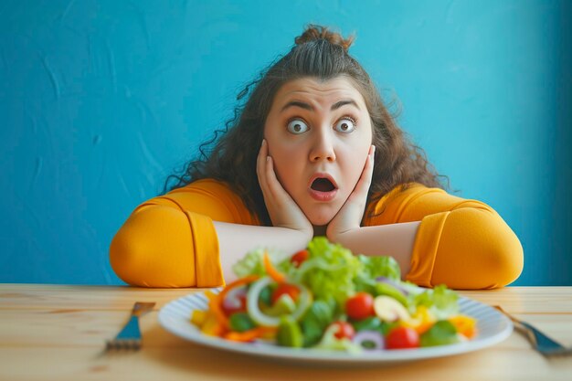 Foto mulher gorda olhando para o prato de salada surpreso