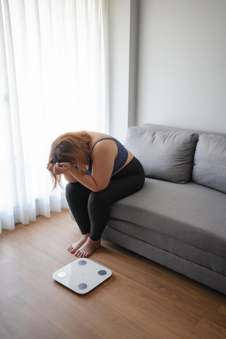 Mulher gorda triste com gordura chateada de dieta perda de peso falha dieta gorda e escala triste mulher asiática obesa na escala de peso em casa controle de peso