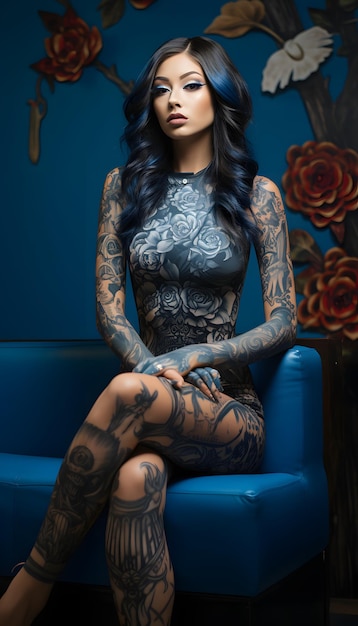 Mulher gótica atraente com tatuagens em todo o corpo.