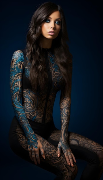 Mulher gótica atraente com tatuagens em todo o corpo.