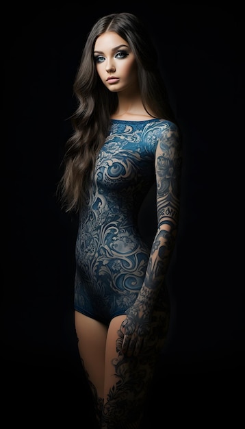 Mulher gótica atraente com tatuagens em todo o corpo.