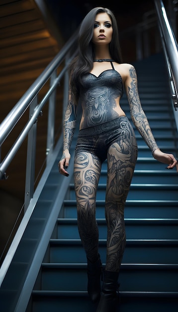 Foto mulher gótica atraente com tatuagens em todo o corpo.