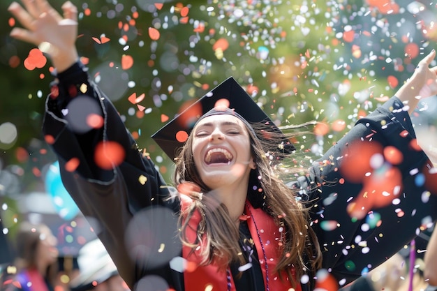 Mulher graduada a atirar confetes a rir e a celebrar a formatura.