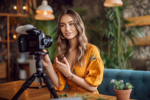 Foto mulher gravando um podcast em seu laptop com fones de ouvido e um microscópio podcaster feminina fazendo podcast de áudio em seu estúdio doméstico generative ai