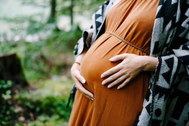 Mulher grávida abraça a barriga com as mãos no parque verde