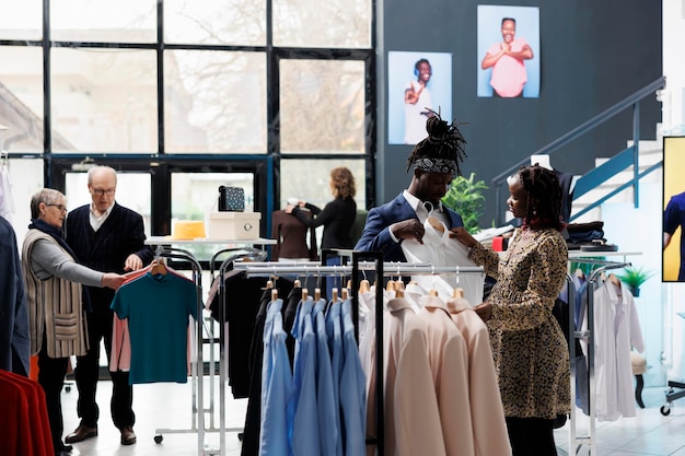 Mulher grávida ajudando o marido com camisa branca para roupas formais, verificando o material no shopping. Casal afro-americano comprando roupas da moda e mercadorias da moda em boutique moderna