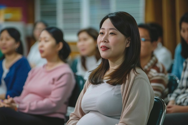 Mulher grávida atenciosa na aula