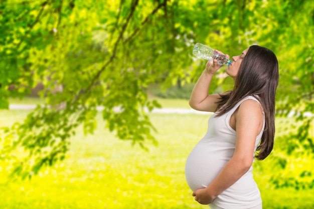 Mulher grávida, bebendo, água