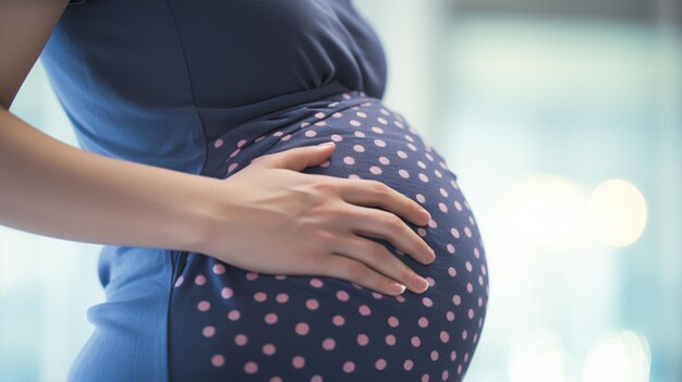 Mulher grávida com as mãos na barriga em close