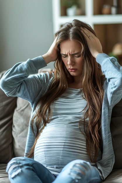 Foto mulher grávida com dor de cabeça no sofá em casa