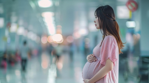 Mulher grávida com fundo borrado do hospital