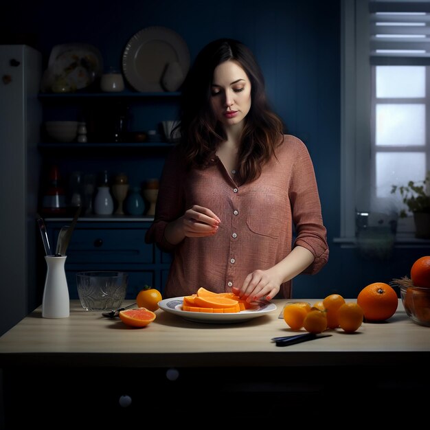 Mulher grávida com laranja cortada na cozinha