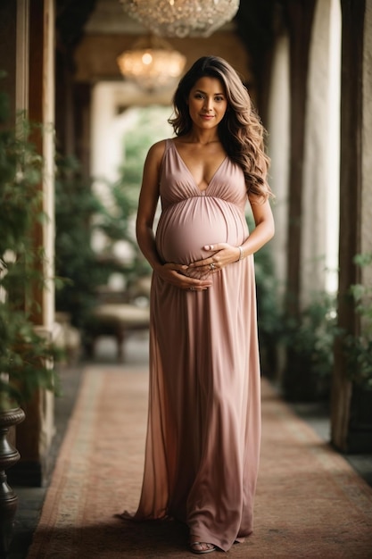 mulher grávida com um longo vestido rosa e um longo cabelo castanho.