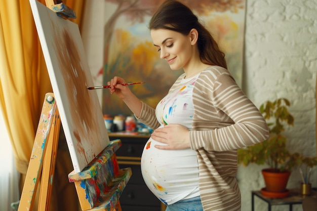 Foto mulher grávida com um pincel fazendo arte em um cavaleiro