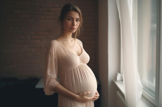 Mulher grávida de pé à janela