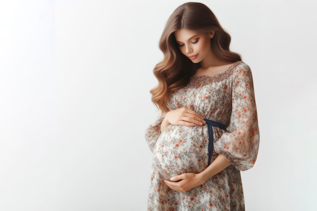 mulher grávida de vestido segura a barriga em fundo branco
