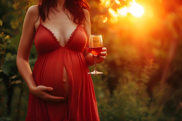 Mulher grávida de vestido vermelho segurando vinho