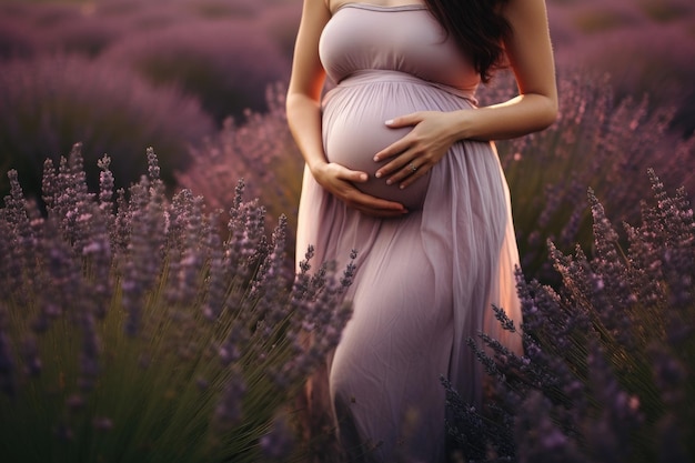 Mulher grávida em um campo de lavanda ao pôr-do-sol imagem tonificada Barriga de uma mulher grávida num campo de Lavanda AI Gerado