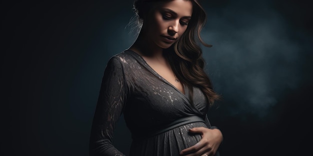 Mulher grávida em um fundo preto Tema de perda de um filho Lugar para texto Generative AI