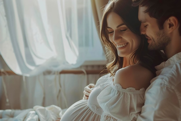 Foto mulher grávida feliz a desfrutar com o marido no quarto.