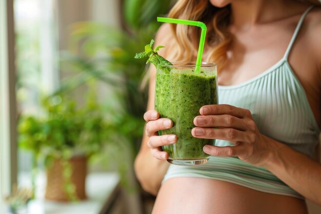 mulher grávida feliz bebendo suco de vegetais verdes ou smoothie em casa ai gerado