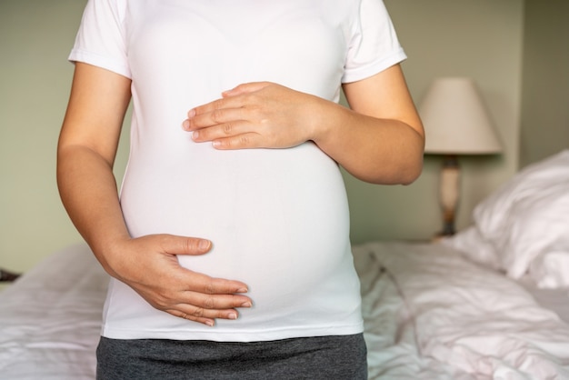 Mulher grávida feliz e bebê à espera.