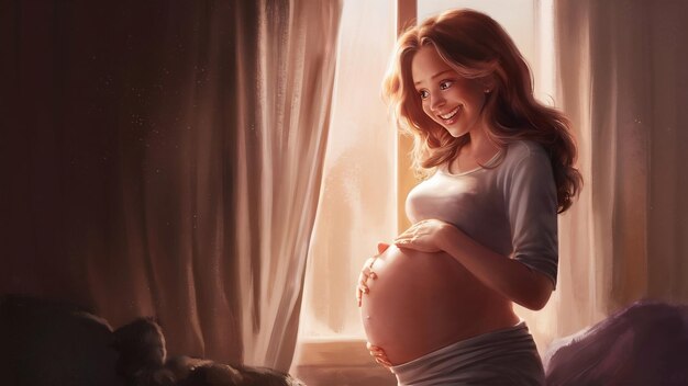 Mulher grávida feliz olhando para a janela e acariciando a barriga no quarto