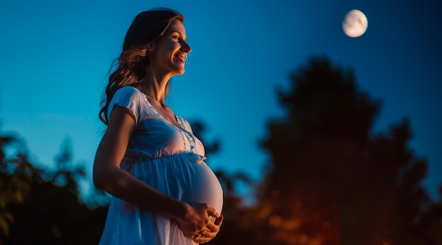 Mulher grávida feliz sorrindo Um conceito de maternidade e futura família
