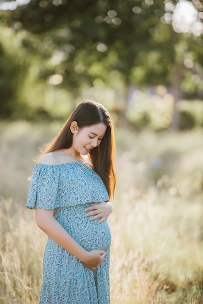 Mulher grávida jovem asiática com vestido azul, relaxando e curtindo a vida na natureza da grama no dia de verão.