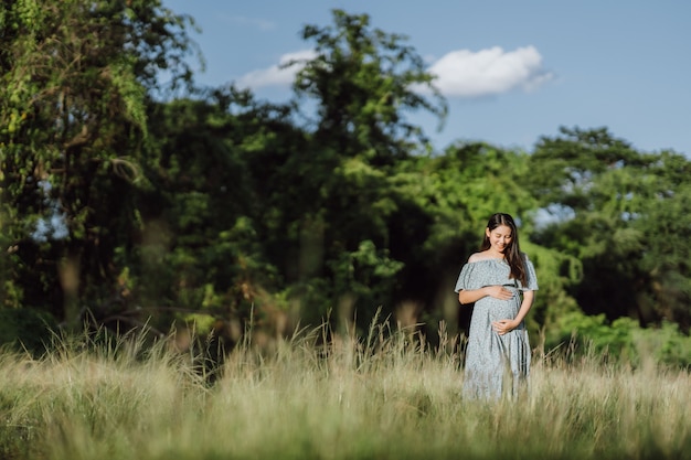 Mulher grávida jovem asiática com vestido azul, relaxando e curtindo a vida na natureza da grama no dia de verão.