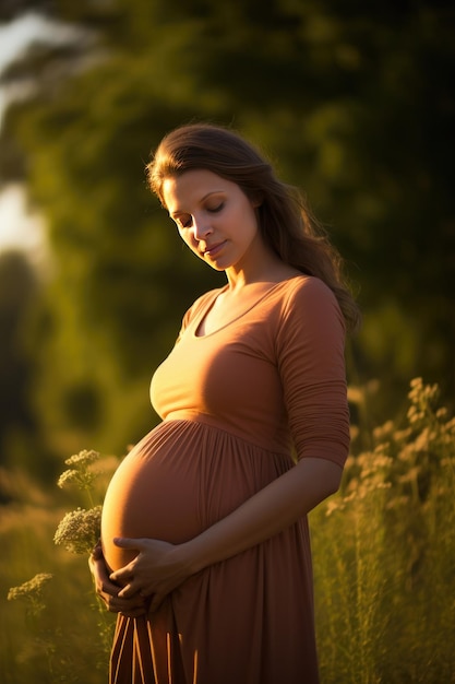 Foto mulher grávida jovem feliz com barriga grande no pôr-do-sol natureza gravidez maternidade generativa ai