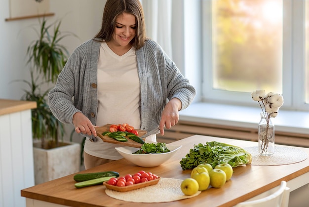 Mulher grávida, legumes cortantes, cozinha