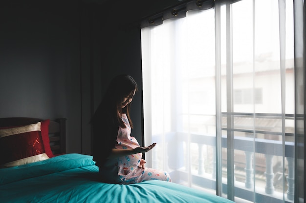 Foto mulher grávida, ligado, medicação