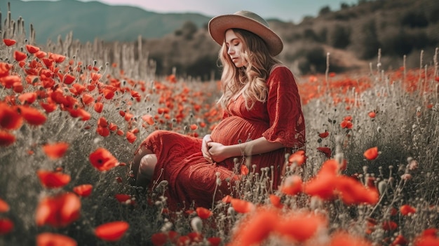 mulher grávida na grama no fundo da flor do campo de papoulas