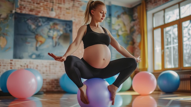 Mulher grávida praticando ioga em uma bola de exercício roxa em um estúdio colorido