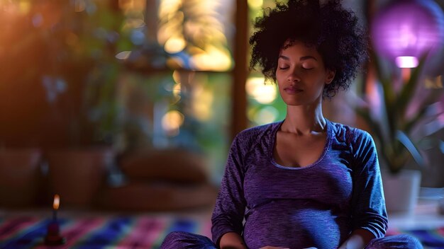 Foto mulher grávida praticando mindfulness em casa para reduzir a ansiedade e melhorar o sono conceito grávida mindfulness redução da ansiedade melhoria do sono prática em casa