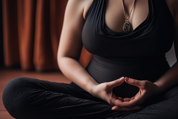Mulher grávida saudável e feliz fazendo ioga meditando ilustração generativa ai