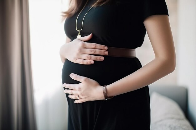 Mulher grávida se sentindo feliz em casa enquanto cuida de seu filho IA generativa