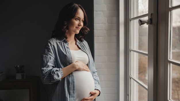 Mulher grávida segurando a barriga e de pé junto à janela