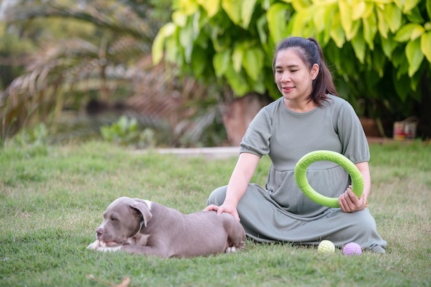 Mulher grávida sentada com o cachorro em casa, cachorro valentão americano engraçado e fofo, mãe cachorro, família feliz