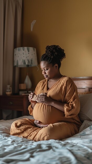 Mulher grávida sentada na cama no quarto