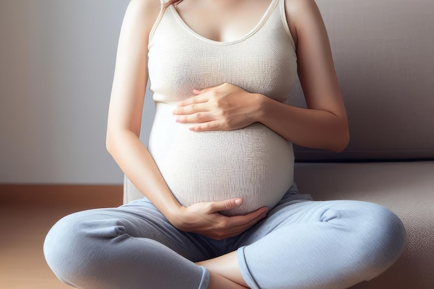 mulher grávida sentada no chão abraçando sua barriga