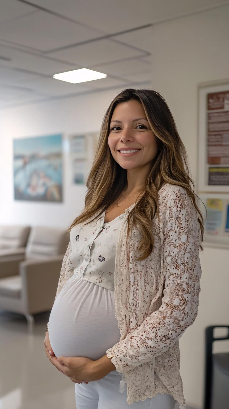 Mulher grávida sorri felizmente em um retrato casual no hospital irradiando confiança e beleza