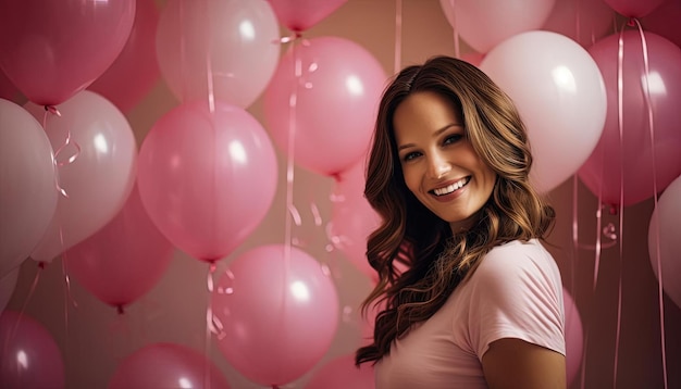 Foto mulher grávida sorrindo enquanto segura balões cor-de-rosa no estilo da elegância cinematográfica