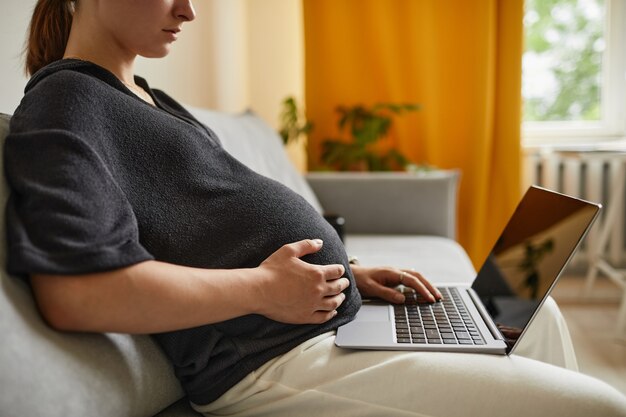 Mulher grávida usando laptop