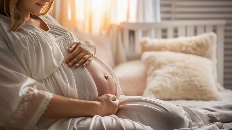 Foto mulher grávida vestida de branco tocando sua barriga ao lado de uma cama branca