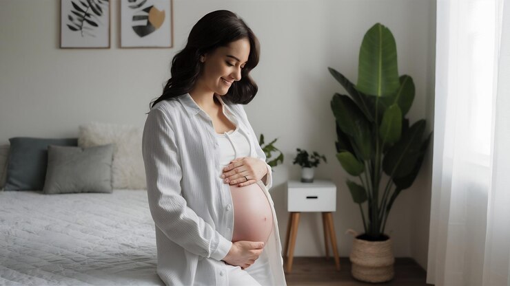 Foto mulher grávida vestida de branco tocando sua barriga ao lado de uma cama branca